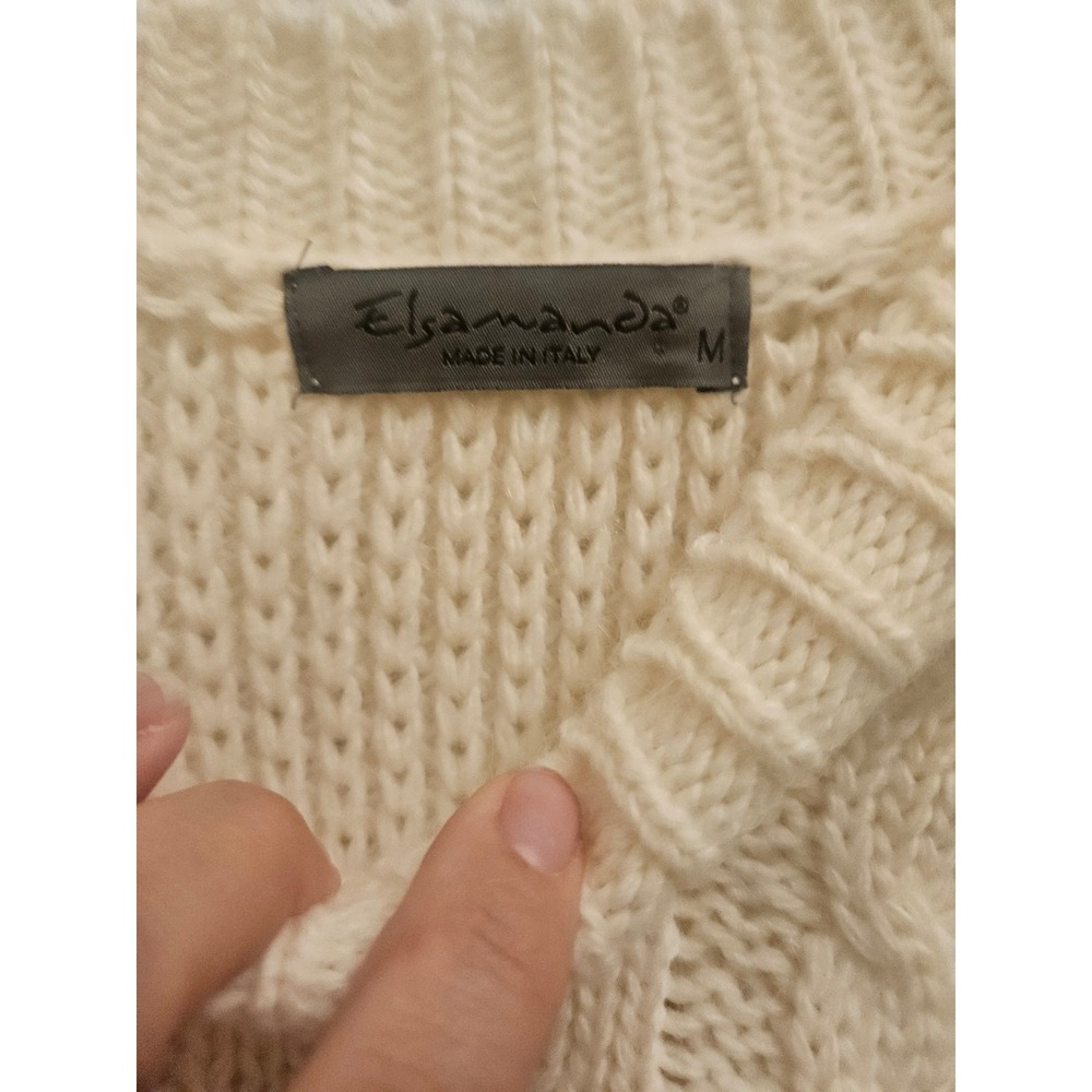 Elsamanda Made in Italy Cream Cable Knit Fringe Sweater Womens Medium Crew Neck